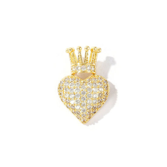 Immagine di 1 Pz Ottone San Valentino Ciondoli Pendenti All'Ingrosso Placcato Oro 18K Cuore Corona Micro Spianare Trasparente Cubic Zirconiae 24mm x 16mm