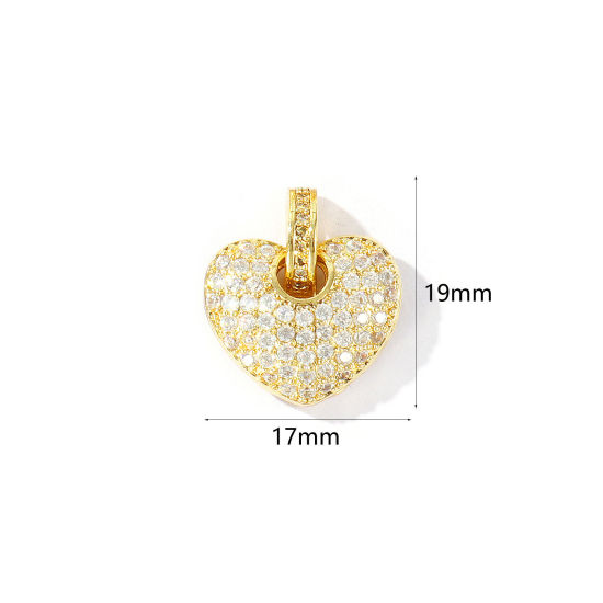 Immagine di 1 Pz Ottone San Valentino Ciondoli All'Ingrosso Placcato Oro 18K Cuore Micro Spianare Trasparente Cubic Zirconiae 19mm x 17mm