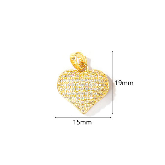 Immagine di 1 Pz Ottone San Valentino Ciondoli Pendenti All'Ingrosso Placcato Oro 18K Cuore Micro Spianare Trasparente Cubic Zirconiae 19mm x 15mm