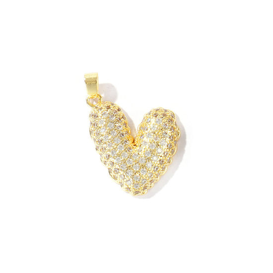 Immagine di 1 Pz Ottone San Valentino Ciondoli Pendenti All'Ingrosso Placcato Oro 18K Cuore Micro Spianare Trasparente Cubic Zirconiae 26mm x 20mm