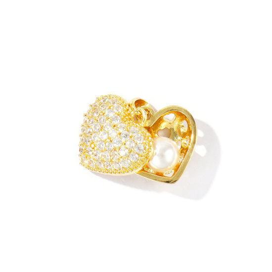 Immagine di 1 Pz Ottone San Valentino Ciondoli Pendenti All'Ingrosso Placcato Oro 18K Cuore Imitata Perla Trasparente Cubic Zirconiae 21mm x 17mm