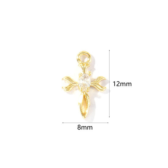 Immagine di 2 Pz Ottone Religione Ciondoli All'Ingrosso Placcato Oro 18K Croce Mini Trasparente Cubic Zirconiae 12mm x 8mm