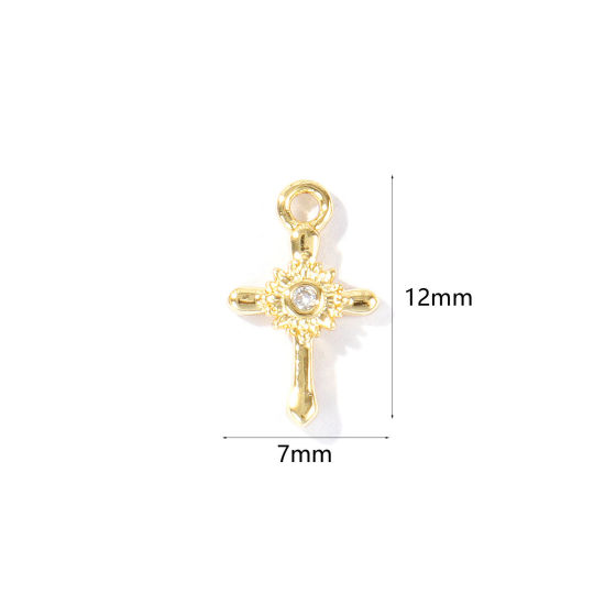 Immagine di 2 Pz Ottone Religione Ciondoli All'Ingrosso Placcato Oro 18K Croce Sole Mini Trasparente Cubic Zirconiae 12mm x 7mm