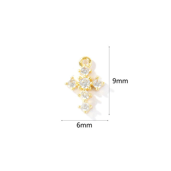 Immagine di 2 Pz Ottone Religione Ciondoli All'Ingrosso Placcato Oro 18K Croce Mini Trasparente Cubic Zirconiae 9mm x 6mm
