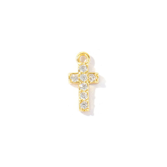 Immagine di 2 Pz Ottone Religione Ciondoli All'Ingrosso Placcato Oro 18K Croce Mini Trasparente Cubic Zirconiae 10mm x 5mm