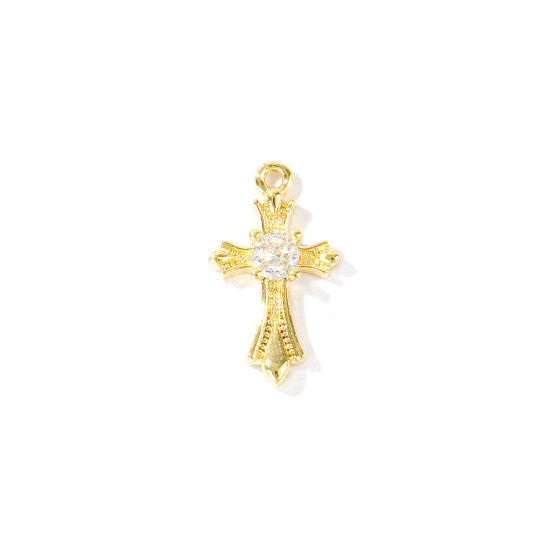 Immagine di 2 Pz Ottone Religione Ciondoli All'Ingrosso Placcato Oro 18K Croce Trasparente Cubic Zirconiae 15mm x 8.5mm