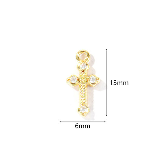 Immagine di 2 Pz Ottone Religione Ciondoli All'Ingrosso Placcato Oro 18K Croce Trasparente Cubic Zirconiae 13mm x 6mm