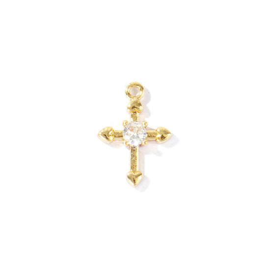 Immagine di 2 Pz Ottone Religione Ciondoli All'Ingrosso Placcato Oro 18K Croce Cuore Trasparente Cubic Zirconiae 14mm x 10mm