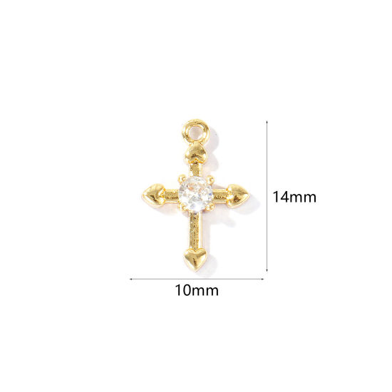 Immagine di 2 Pz Ottone Religione Ciondoli All'Ingrosso Placcato Oro 18K Croce Cuore Trasparente Cubic Zirconiae 14mm x 10mm