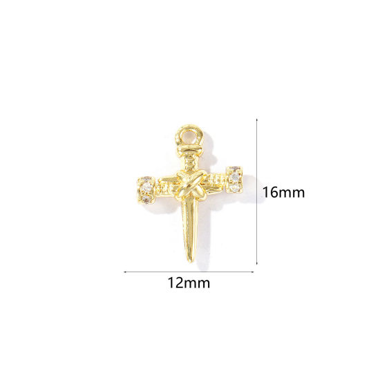Immagine di 2 Pz Ottone Religione Ciondoli All'Ingrosso Placcato Oro 18K Chiodo Croce Trasparente Cubic Zirconiae 16mm x 12mm