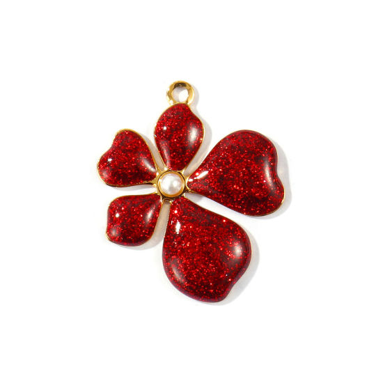 2 個 エコフレンドリー PVD 防水 耐変色性の 低アレルギー性の 304ステンレス鋼 ペンダント 卸売り 18Kリアルゴールドメッキ 赤ワイン色 エナメル フラワー アクリル模造真珠 3cm x 2.5cm、 の画像