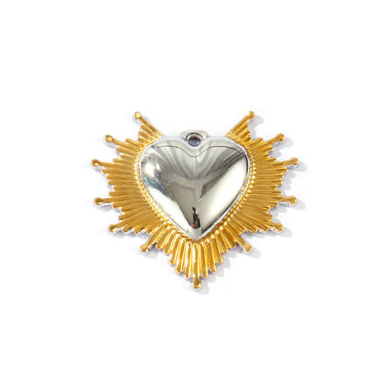 2 個 エコフレンドリー PVD 防水 耐変色性の 低アレルギー性の 304ステンレス鋼 宗教 ペンダント 卸売り 18Kリアルゴールドメッキ＋シルバートーン ツートンカラー メキシコ聖心ハート 3.4cm x 3cm、 の画像
