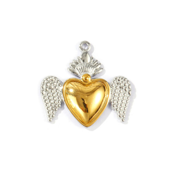 2 個 エコフレンドリー PVD 防水 耐変色性の 低アレルギー性の 304ステンレス鋼 宗教 ペンダント 卸売り 18Kリアルゴールドメッキ＋シルバートーン ツートンカラー メキシコ聖心ハート 翼 4.5cm x 4.4cm、 の画像