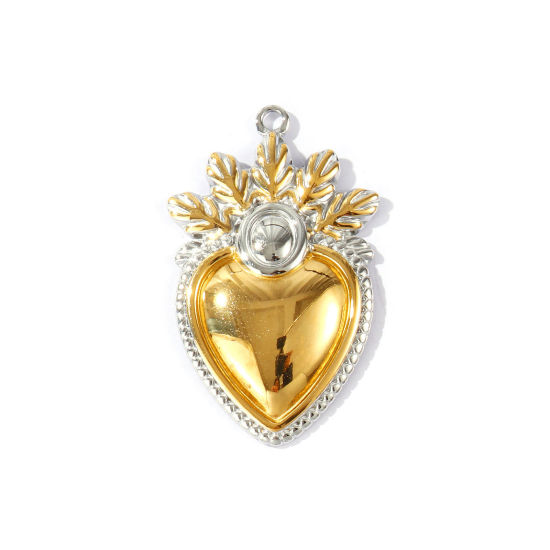 2 個 エコフレンドリー PVD 防水 耐変色性の 低アレルギー性の 304ステンレス鋼 宗教 ペンダント 卸売り 18Kリアルゴールドメッキ＋シルバートーン ツートンカラー メキシコ聖心ハート 5.9cm x 3.6cm、 の画像