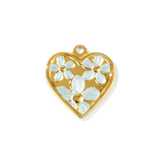 2 個 エコフレンドリー PVD 防水 耐変色性の 低アレルギー性の 304ステンレス鋼 バレンタイン・デー チャーム 卸売り 18Kリアルゴールドメッキ 青磁色 ハート 花 ペインティング 28mm x 26mm、 の画像