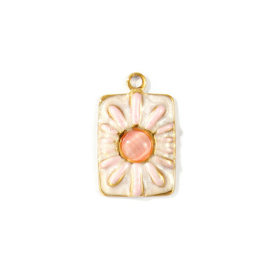 2 個 エコフレンドリー PVD 防水 耐変色性の 低アレルギー性の 304ステンレス鋼 チャーム 卸売り 18Kリアルゴールドメッキ ピンク エナメル 長方形 キャッツアイ模造 25mm x 16mm、 の画像