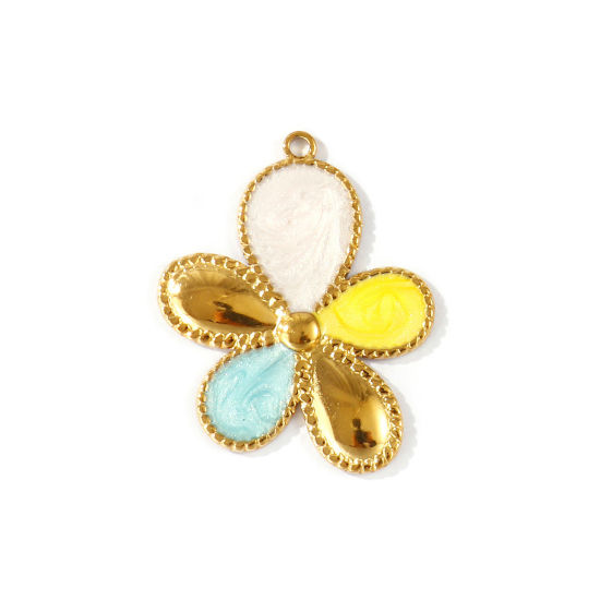 2 個 エコフレンドリー PVD 防水 耐変色性の 低アレルギー性の 304ステンレス鋼 ペンダント 卸売り 18Kリアルゴールドメッキ 多色 エナメル フラワー 光沢ある 3.6cm x 2.9cm、 の画像