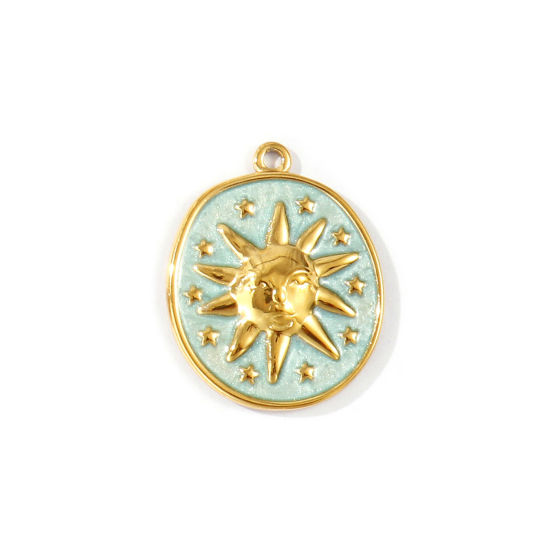 2 個 エコフレンドリー PVD 防水 耐変色性の 低アレルギー性の 304ステンレス鋼 宇宙銀河シリーズ チャーム 卸売り 18Kリアルゴールドメッキ 水色 エナメル 楕円形 太陽 光沢ある 28mm x 22mm、 の画像