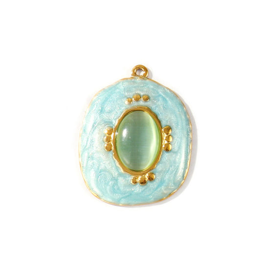 1 個 エコフレンドリー PVD 防水 耐変色性の 低アレルギー性の 304ステンレス鋼 ペンダント 卸売り 18Kリアルゴールドメッキ 水色 エナメル 不規則 キャッツアイ模造 3.3cm x 2.6cm、 の画像