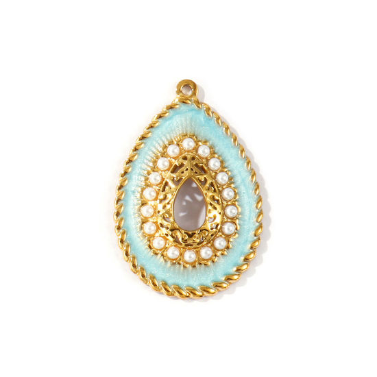 1 個 エコフレンドリー PVD 防水 耐変色性の 低アレルギー性の 304ステンレス鋼 ペンダント 卸売り 18Kリアルゴールドメッキ 水色 エナメル 滴 ドロップ アクリル模造真珠 4.4cm x 3cm、 の画像