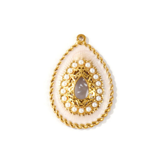 1 個 エコフレンドリー PVD 防水 耐変色性の 低アレルギー性の 304ステンレス鋼 ペンダント 卸売り 18Kリアルゴールドメッキ 薄ピンク エナメル 滴 ドロップ アクリル模造真珠 4.4cm x 3cm、 の画像