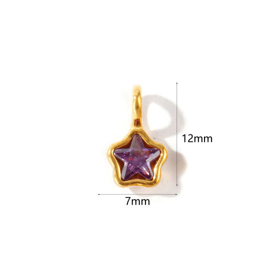 2 個 エコフレンドリー PVD 防水 耐変色性の 低アレルギー性の 304ステンレス鋼 ジオメトリック 幾何学 チャーム 卸売り 18Kリアルゴールドメッキ 五芒星 ミニ アメジスト ラインストーン 12mm x 7mm、 の画像