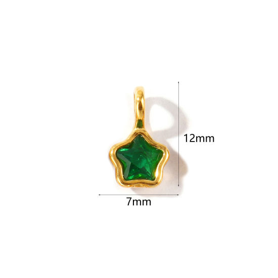 2 個 エコフレンドリー PVD 防水 耐変色性の 低アレルギー性の 304ステンレス鋼 ジオメトリック 幾何学 チャーム 卸売り 18Kリアルゴールドメッキ 五芒星 ミニ 緑 ラインストーン 12mm x 7mm、 の画像