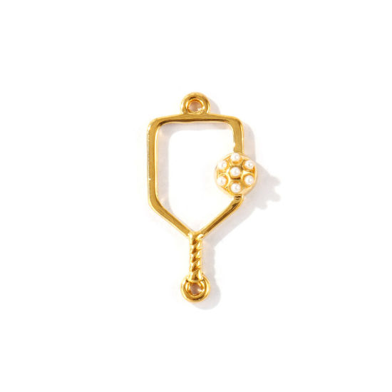 2 個 エコフレンドリー PVD 防水 耐変色性の 低アレルギー性の 304ステンレス鋼 スポーツ コネクター ペンダント チャーム 卸売り 18Kリアルゴールドメッキ ピクルボールラケット アクリル模造真珠 24mm x 13mm、 の画像