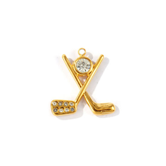 2 個 エコフレンドリー PVD 防水 耐変色性の 低アレルギー性の 304ステンレス鋼 スポーツ チャーム 卸売り 18Kリアルゴールドメッキ ゴルフクラブ 透明 ラインストーン 20mm x 19mm、 の画像