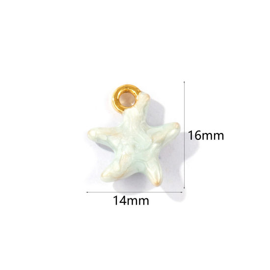2 個 エコフレンドリー PVD 防水 耐変色性の 低アレルギー性の 304ステンレス鋼 海ジュエリー チャーム 卸売り 18Kリアルゴールドメッキ 青磁色 エナメル ヒトデ 光沢ある 16mm x 14mm、 の画像