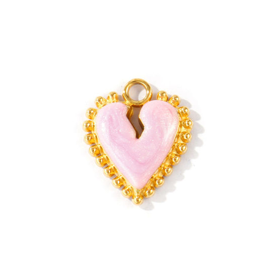2 個 エコフレンドリー PVD 防水 耐変色性の 低アレルギー性の 304ステンレス鋼 バレンタイン・デー チャーム 卸売り 18Kリアルゴールドメッキ ピンク エナメル ハート きらめき 22.5mm x 19mm、 の画像