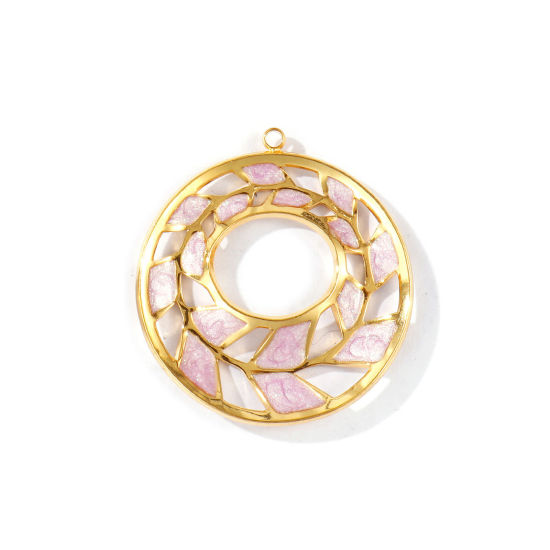 2 個 エコフレンドリー PVD 防水 耐変色性の 低アレルギー性の 304ステンレス鋼 ペンダント 卸売り 18Kリアルゴールドメッキ 紫 エナメル 円形 葉 きらめき 3.1cm x 2.8cm、 の画像