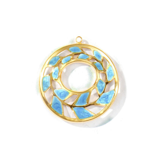 2 個 エコフレンドリー PVD 防水 耐変色性の 低アレルギー性の 304ステンレス鋼 ペンダント 卸売り 18Kリアルゴールドメッキ 青 エナメル 円形 葉 きらめき 3.1cm x 2.8cm、 の画像