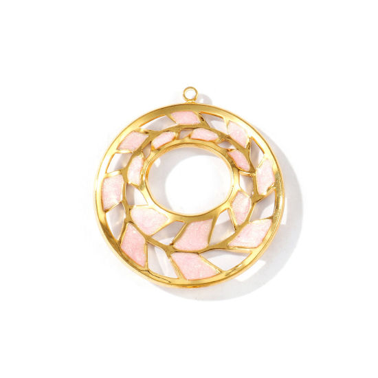 2 個 エコフレンドリー PVD 防水 耐変色性の 低アレルギー性の 304ステンレス鋼 ペンダント 卸売り 18Kリアルゴールドメッキ ピンク エナメル 円形 葉 きらめき 3.1cm x 2.8cm、 の画像