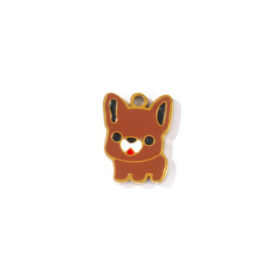 Picture of 2 PCs PVD 304 Stainless Steel Charms Wholesale 18K Gold Plated Brown French Bulldog Enamel 13mm x 10mm