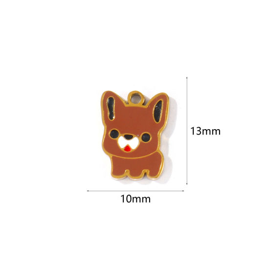 Picture of 2 PCs PVD 304 Stainless Steel Charms Wholesale 18K Gold Plated Brown French Bulldog Enamel 13mm x 10mm