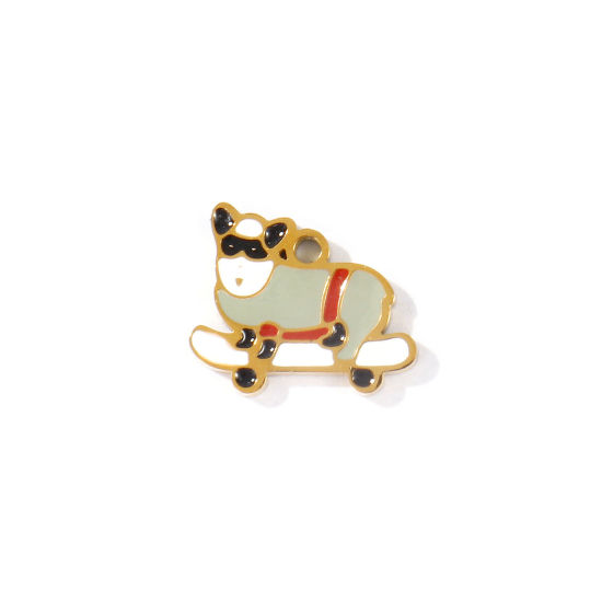 Picture of 2 PCs PVD 304 Stainless Steel Charms Wholesale 18K Gold Plated Gray Skateboard Dog Enamel 13mm x 11mm