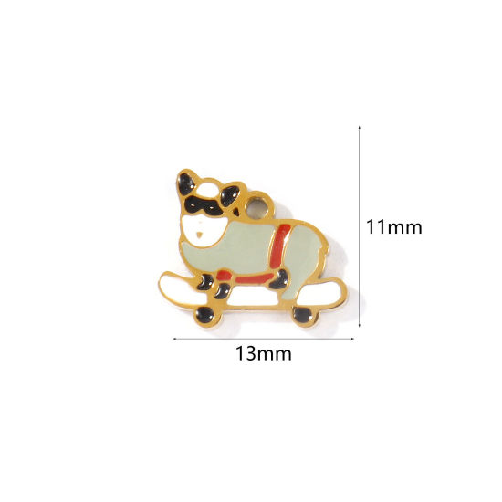 Picture of 2 PCs PVD 304 Stainless Steel Charms Wholesale 18K Gold Plated Gray Skateboard Dog Enamel 13mm x 11mm