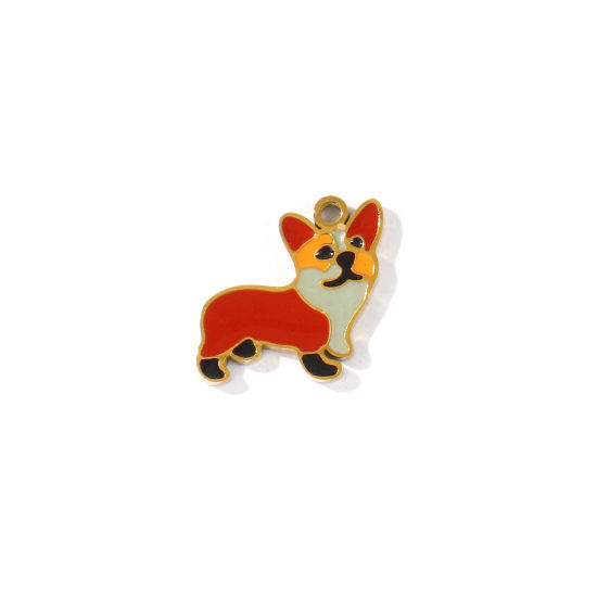 Picture of 2 PCs PVD 304 Stainless Steel Charms Wholesale 18K Gold Plated Brown Corrci Dog Enamel 13mm x 12mm