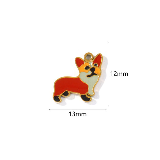 Picture of 2 PCs PVD 304 Stainless Steel Charms Wholesale 18K Gold Plated Brown Corrci Dog Enamel 13mm x 12mm