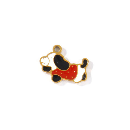 Picture of 2 PCs PVD 304 Stainless Steel Charms Wholesale 18K Gold Plated Multicolor Dog Animal Enamel 13mm x 10mm