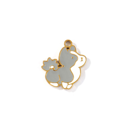 Picture of 2 PCs PVD 304 Stainless Steel Charms Wholesale 18K Gold Plated White & Gray Husky Animal Enamel 14mm x 13mm