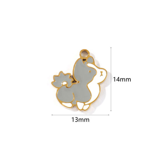 Picture of 2 PCs PVD 304 Stainless Steel Charms Wholesale 18K Gold Plated White & Gray Husky Animal Enamel 14mm x 13mm