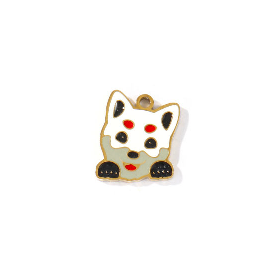 Picture of 2 PCs PVD 304 Stainless Steel Charms Wholesale 18K Gold Plated Multicolor Husky Animal Enamel 13mm x 11mm
