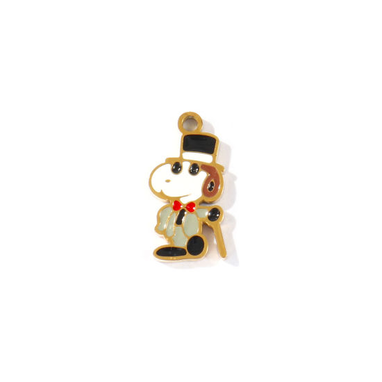 Picture of 2 PCs PVD 304 Stainless Steel Charms Wholesale 18K Gold Plated Multicolor Dog Animal Cartoon Images Enamel 15mm x 8mm