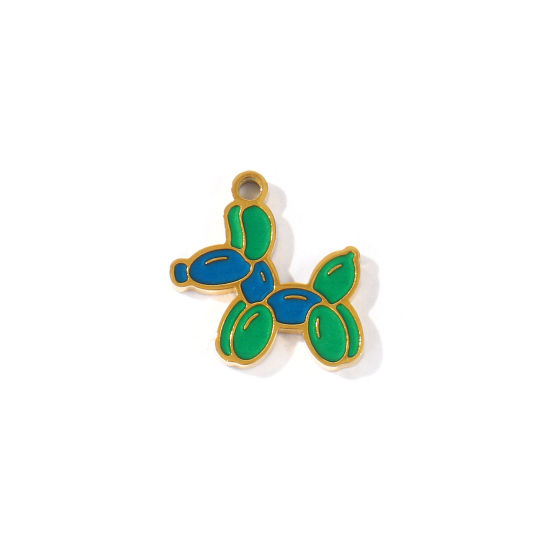 Picture of 2 PCs PVD 304 Stainless Steel Charms Wholesale 18K Gold Plated Blue & Green Balloon Dog Enamel 13mm x 13mm