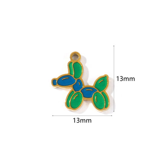 Picture of 2 PCs PVD 304 Stainless Steel Charms Wholesale 18K Gold Plated Blue & Green Balloon Dog Enamel 13mm x 13mm