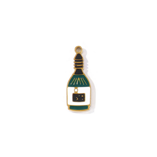 Picture of 2 PCs PVD 304 Stainless Steel Charms Wholesale 18K Gold Plated Multicolor Wine Bottle Enamel 18mm x 7mm