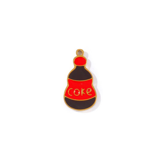 Picture of 2 PCs PVD 304 Stainless Steel Charms Wholesale 18K Gold Plated Red & Coffee Coke Enamel 18mm x 9.5mm