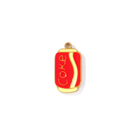 Picture of 2 PCs PVD 304 Stainless Steel Charms Wholesale 18K Gold Plated Red & Yellow Coke Enamel 16mm x 8.5mm
